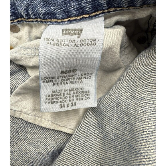 Levi's 569 Jeans Mens 34x34 (33x31) Blue Loose Straight Medium Wash Faded Grunge - Picture 4 of 9